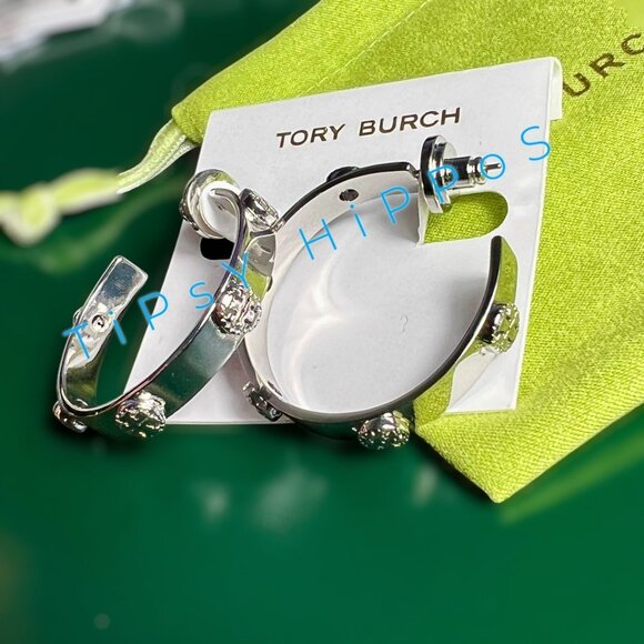 Tory Burch Silver Miller Logo Stud Hoop Earrings - Picture 3 of 4